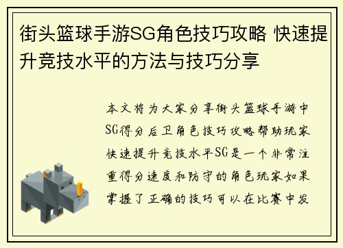 街头篮球手游SG角色技巧攻略 快速提升竞技水平的方法与技巧分享